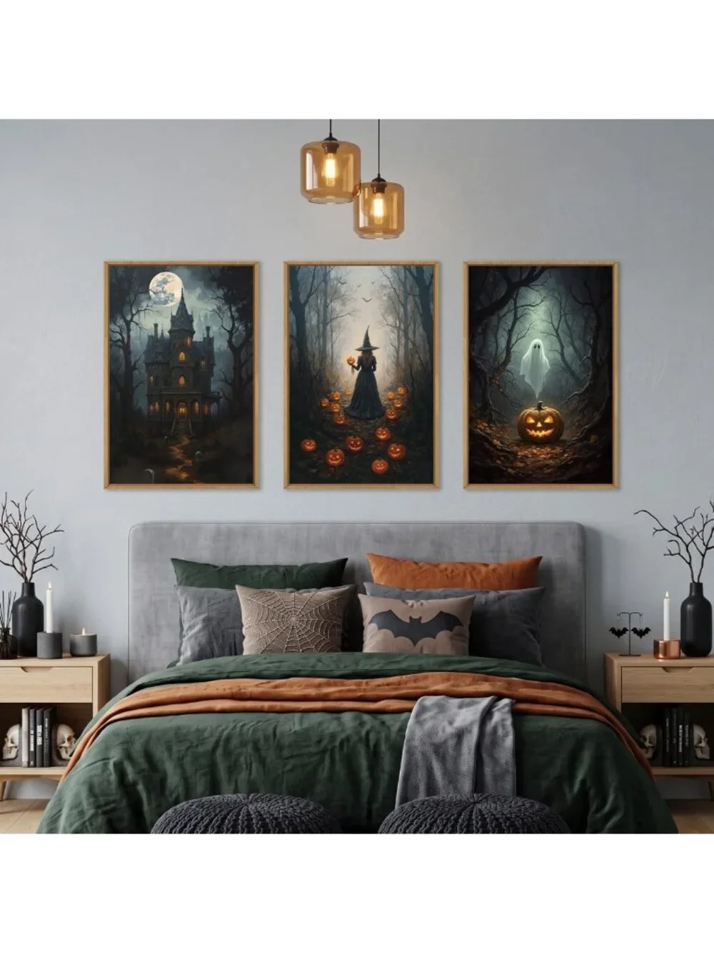 Spooky Halloween Moon Castle Canvas Art Set - Witch, Ghost & Pumpkin Decor for